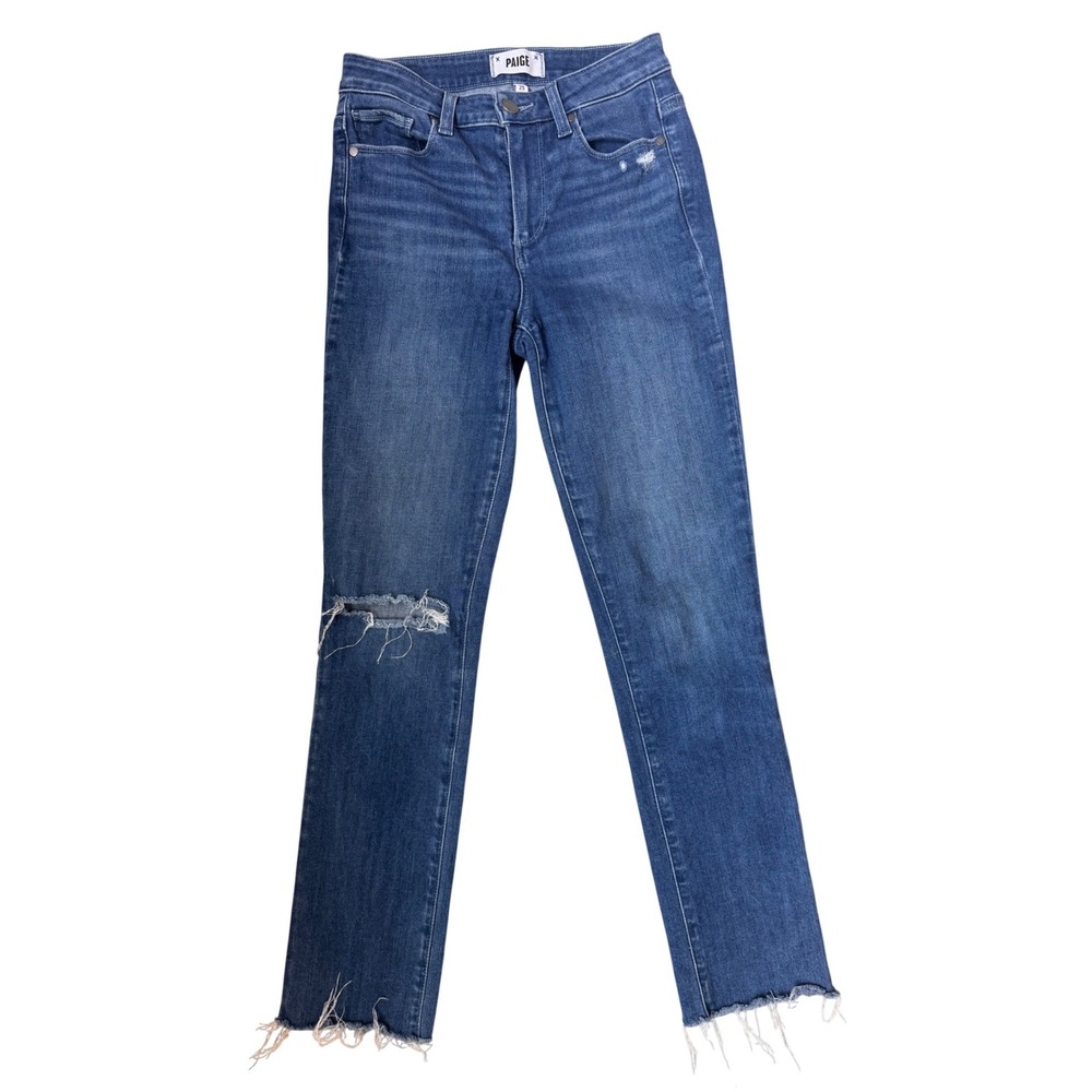 Paige Hoxton Slim High Rise Distressed Raw Hem Jeans Medium Wash Blue Size 25